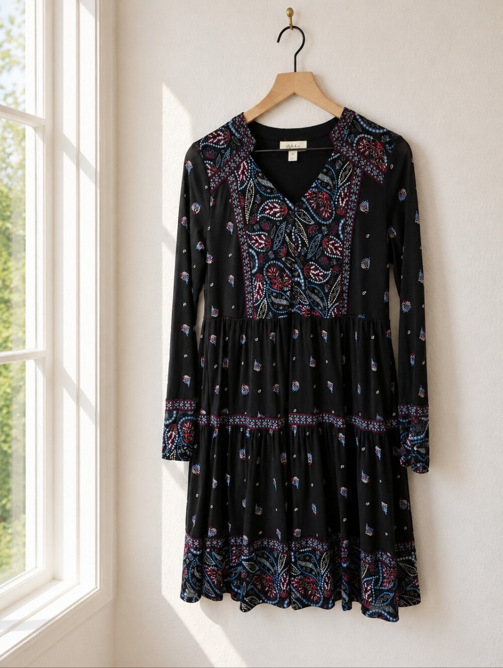 Style & Co Black Bohemian Paisley Tiered Mini Dress Long Sleeve Women's XS